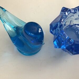 Vtg 1994 signed Blue Bird Happiness $ Blue Glass Tea Lite Holder Home Accents